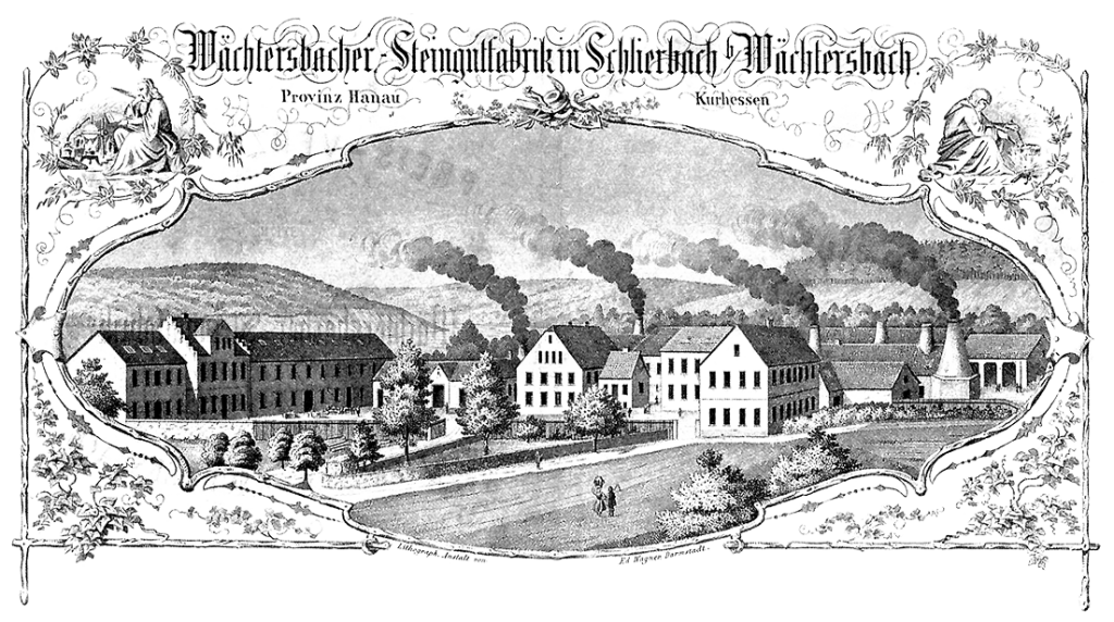 Abbildung der Fabrik aus der Preisliste von 1862. Ganz rechts ist ein Ringofen zu sehen, in dem die Keramiken gebrannt wurden.
